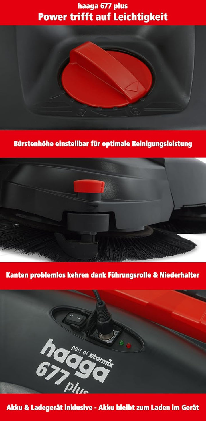 haaga Akku Handkehrmaschine 677 Plus (rot/schwarz, für mittlere bis grosse Flächen 2.000 m², 40 Lite