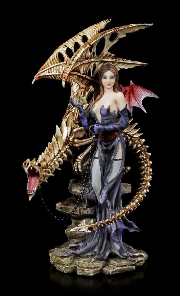 Figuren Shop GmbH Fantasy Dark Angel Figur - Larua mit Skelett Drache | Gothic Deko-Figur, handbemal