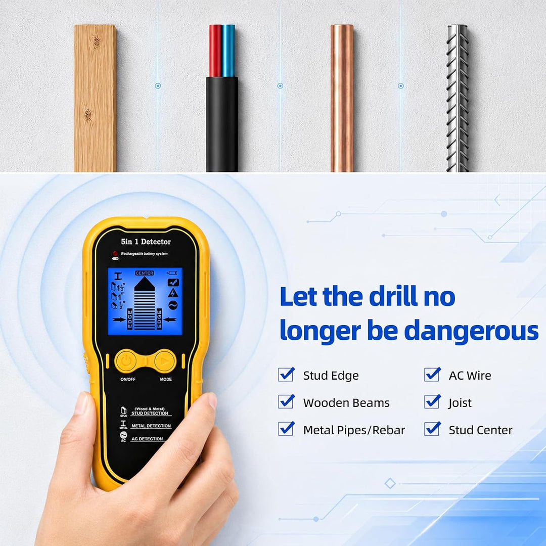 Leitungssucher Ortungsgerät 5-in-1 Wandscanner Detektor mit 1200mAh Akku, Kabelloser Stud Finder für