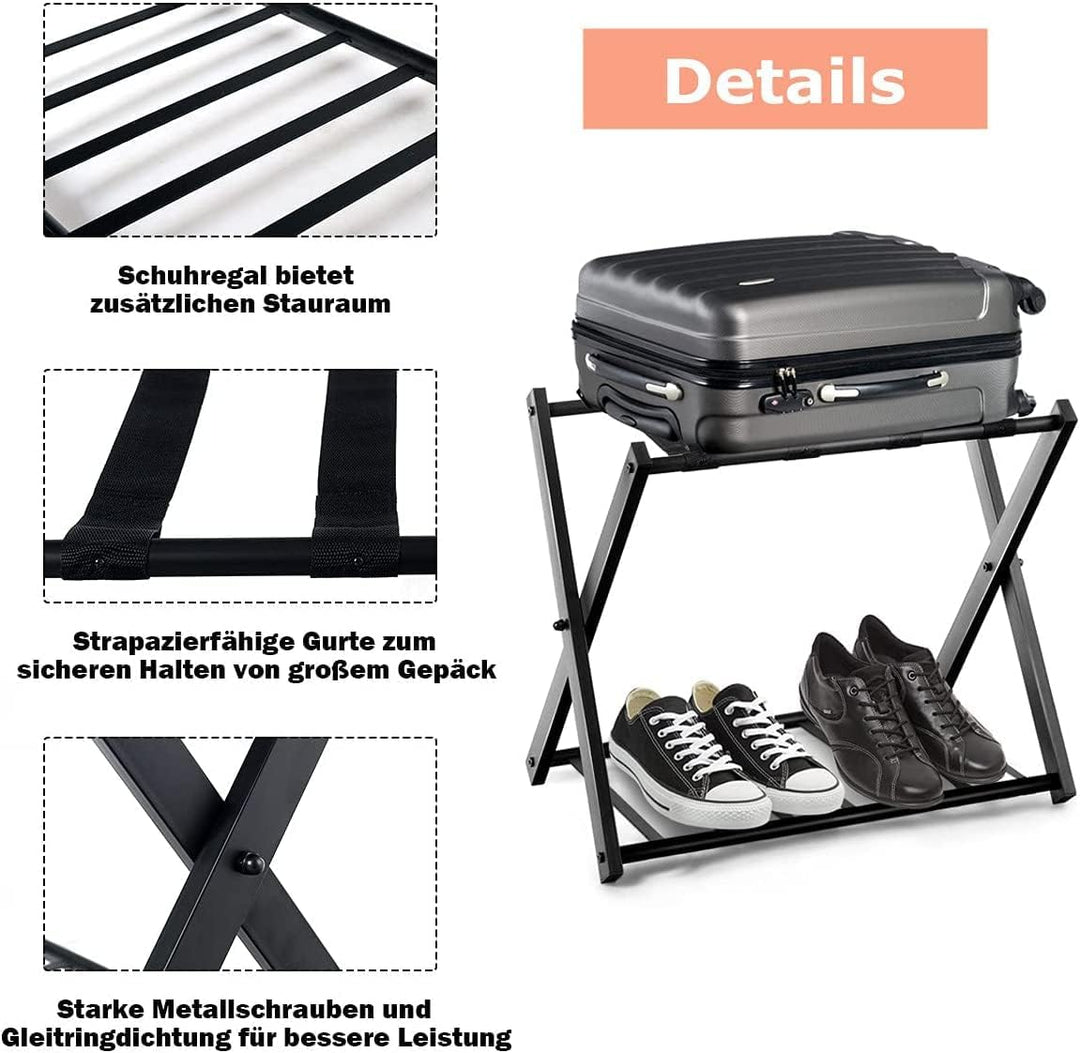 RELAX4LIFE Kofferständer Metall, Kofferablage mit 2 Ebenen, Gepäckablage klappbar, Kofferbock mit 4