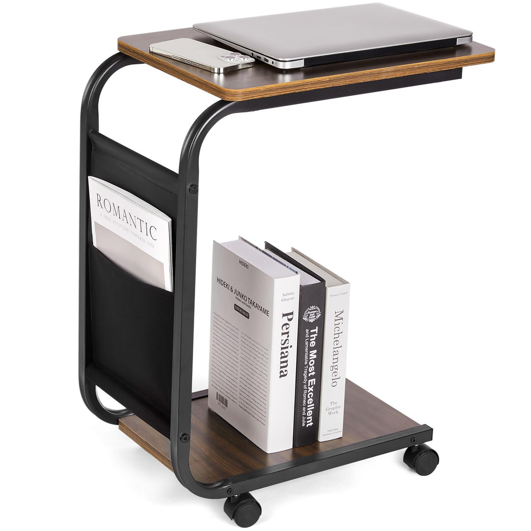 Yorbay Beistelltisch Holz Couch, Sofatisch mit Rollen und Aufbewahrungstasche, C Form Mobiler Kaffee