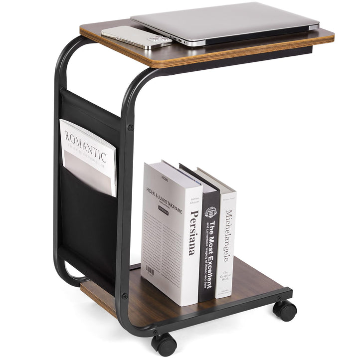 Yorbay Beistelltisch Holz Couch, Sofatisch mit Rollen und Aufbewahrungstasche, C Form Mobiler Kaffee