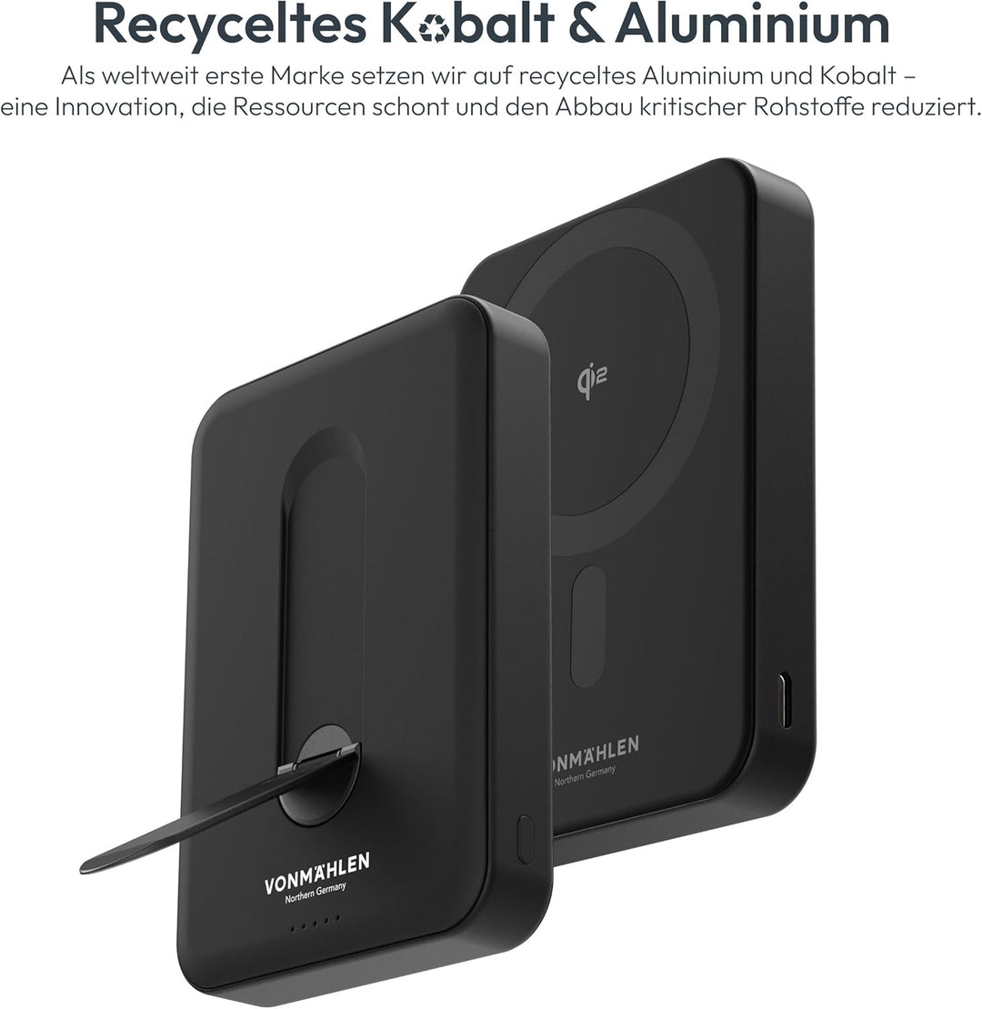 VONMÄHLEN Evergreen Mag mit Kickstand: 10.000 mAh Qi2-Powerbank kompatibel mit MagSafe – 15W kabello