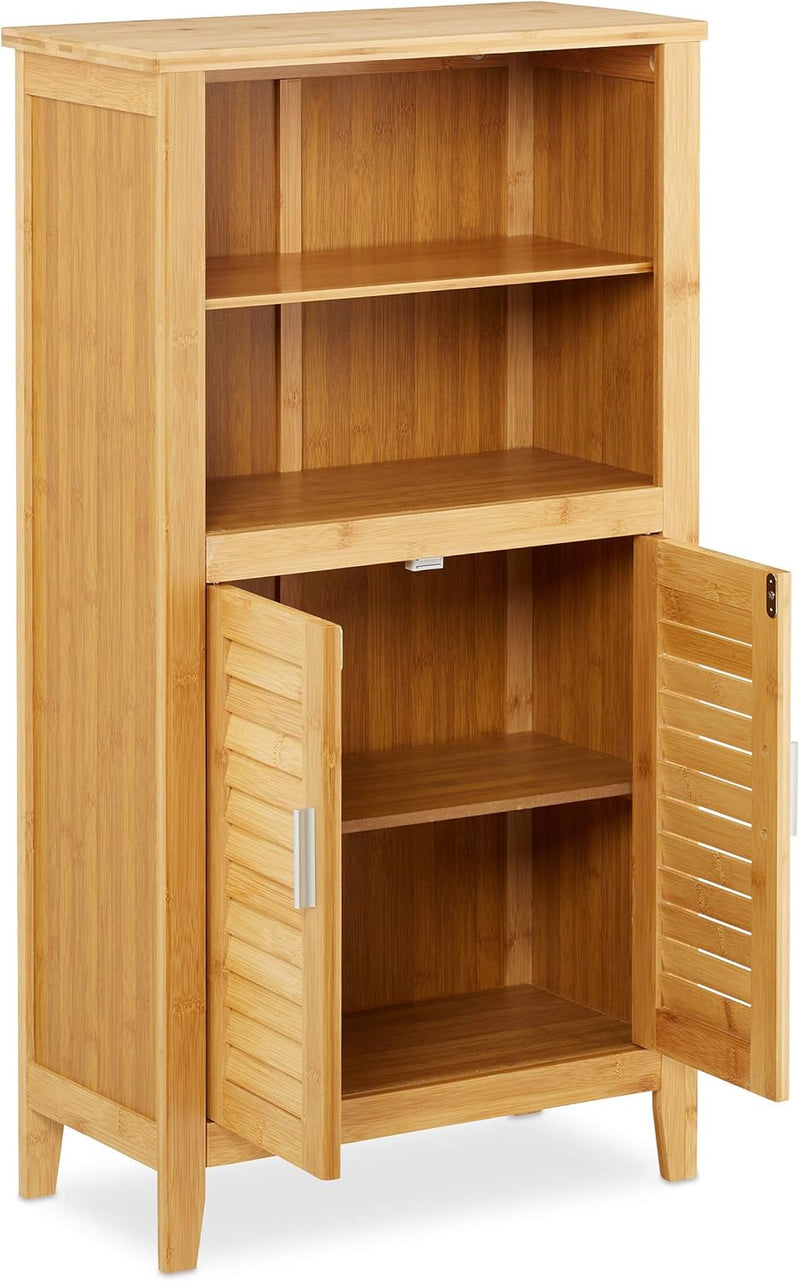 Relaxdays Badezimmerschrank Bambus, HBT: ca. 92 x 50 x 25 cm, Badschrank mit Türen in Lamellen-Optik