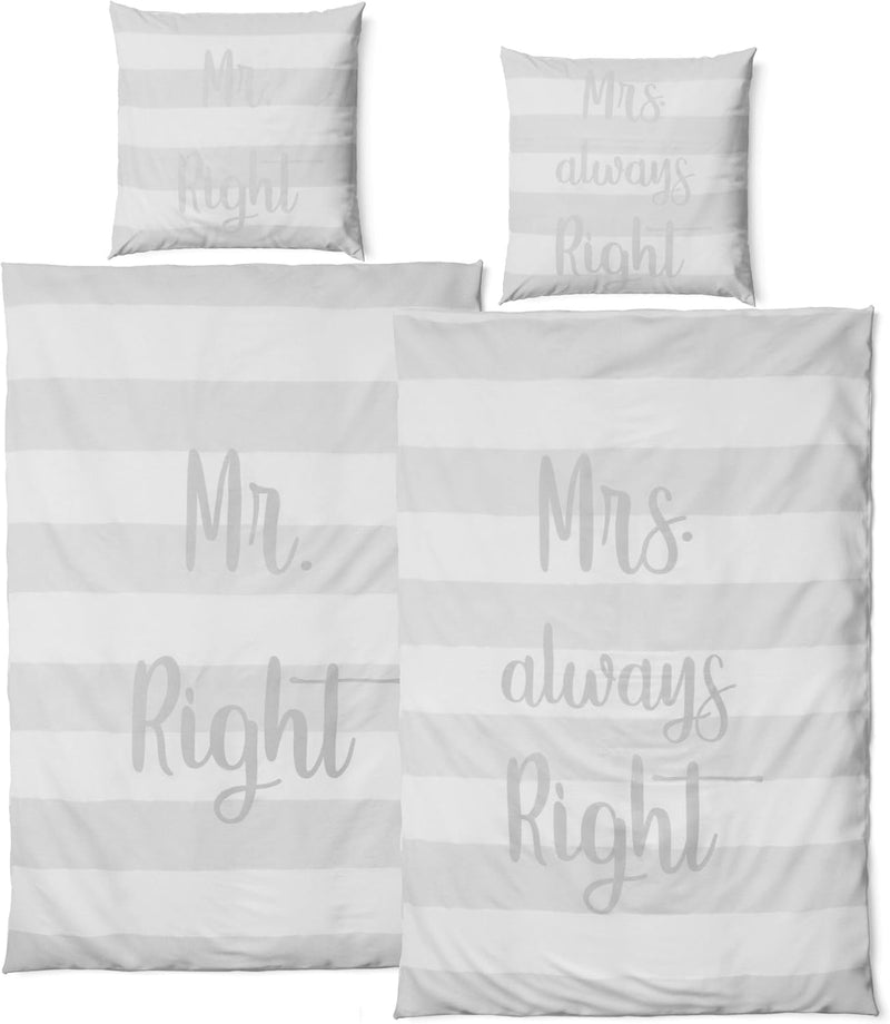 JACK 4 TLG Satin Bettwäsche Partnerbettwäsche 135x200cm Mr. Right + Mrs. Always Right