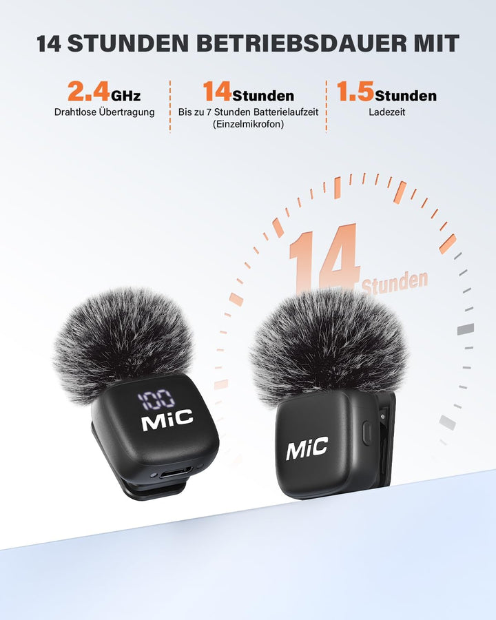 Kabelloses Lavalier Mikrofon, 2er-Pack Mini-Mikrofon mit Rauschunterdrückung, Auto-Pairing und Stumm