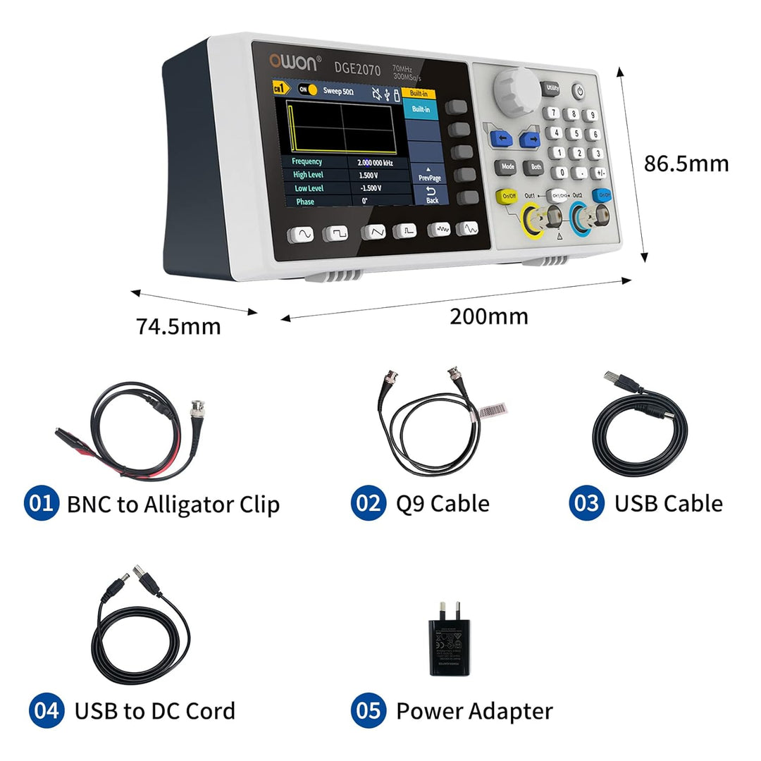 OWON DGE2070 Dual Channels 70 MHz Funktionsgenerator, 3,6 Zoll LCD-Display, tragbarer willkürlicher