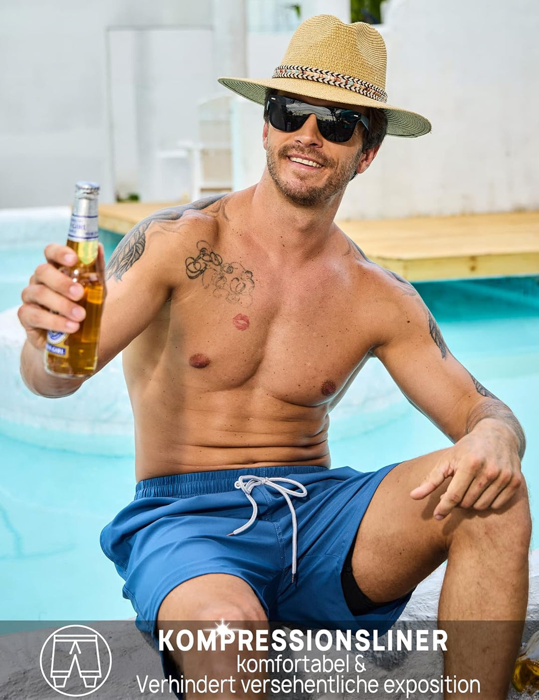 KBVOT Badehose Herren mit Kompression Liner Schnelltrocknend Badeshorts Männer Kurz Boardshorts Schw