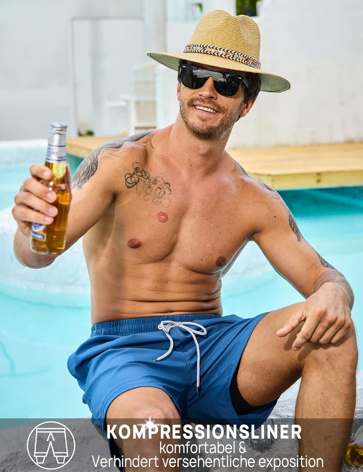 KBVOT Badehose Herren mit Kompression Liner Schnelltrocknend Badeshorts Männer Kurz Boardshorts Schw