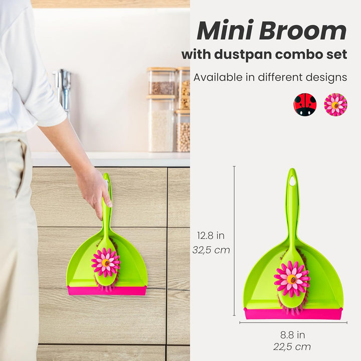 VIGAR Flower Power Kehrgarnitur mit Buntem Handfeger und Kehrblech, ABS, Polypropylen, rosa/grün, 35