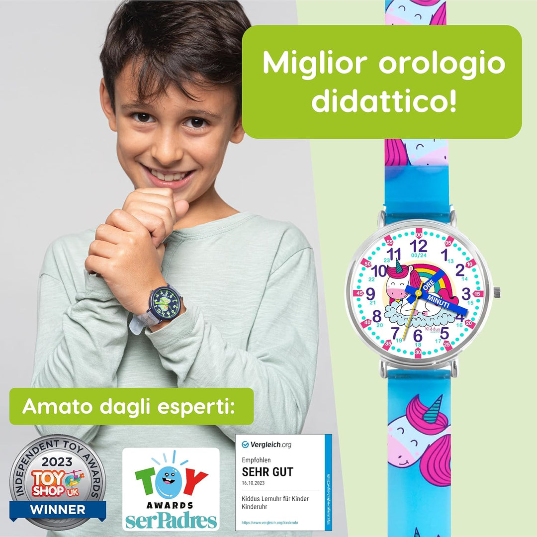 Kiddus Lern Armbanduhr für Kinder, Jungen und Mädchen. Analoge Armbanduhr mit Zeitlernübungen, japan