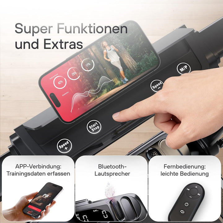 Laufband klappbar und faltbar für Zuhause mit Handlauf, Sport-APP, Bluetooth-Lautsprecher, Fernbedie
