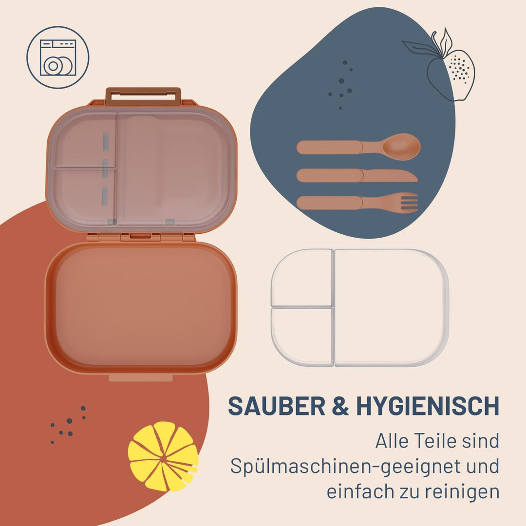 schmatzfatz Brotdose – Auslaufsicher, BPA-Frei, 3 Fächer, Inkl. Besteck, Spülmaschinenfest, Tritan,