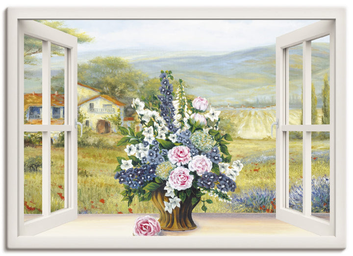 ARTland Leinwandbilder Wandbild Bild auf Leinwand 100x70 cm Landschaften Fensterblick J4WH Blumenbou