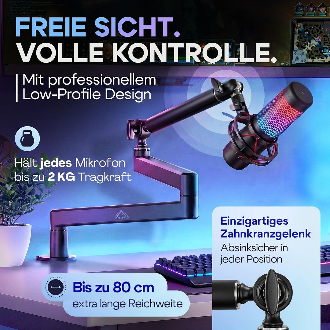 Mikrofonarm Schreibtisch Low Profile – 80 cm Reichweite, 100% absinksicherer Mikrofon Arm, stabiler