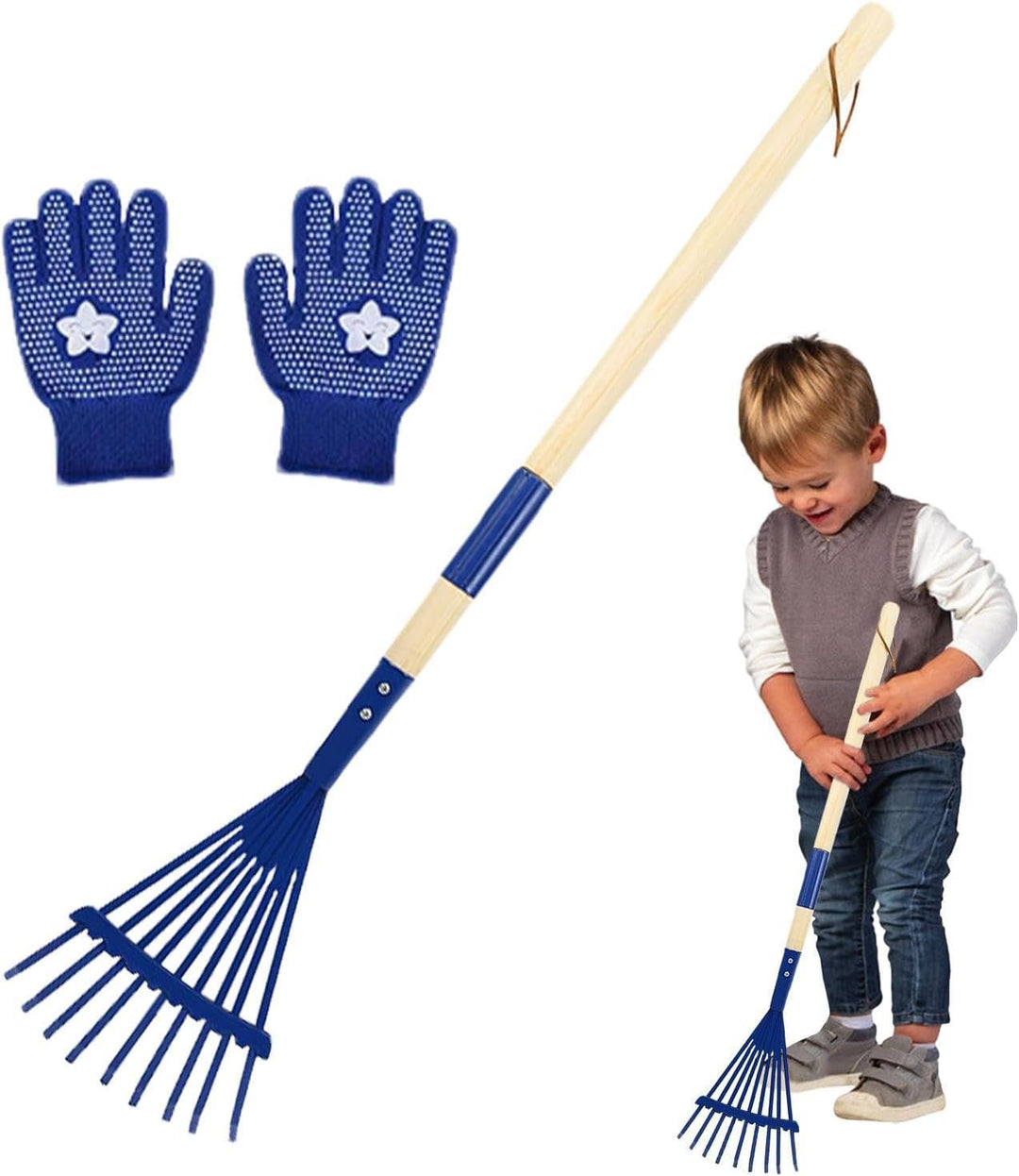 Kinder-Laubrechen 27 cm Abnehmbarer Holzstiel mit Handschuhen | Laubrechen für Gartenarbeit Camping