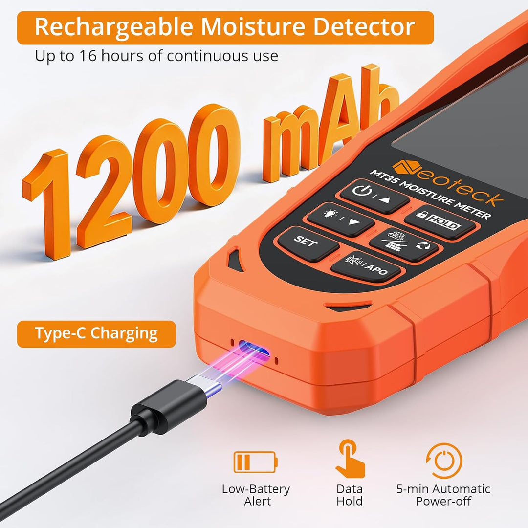 Neoteck Pinless Feuchtigkeitsmesser Digitaler Feuchtigkeitsmesser mit 3-farbigem LCD-Warnsystem, aku