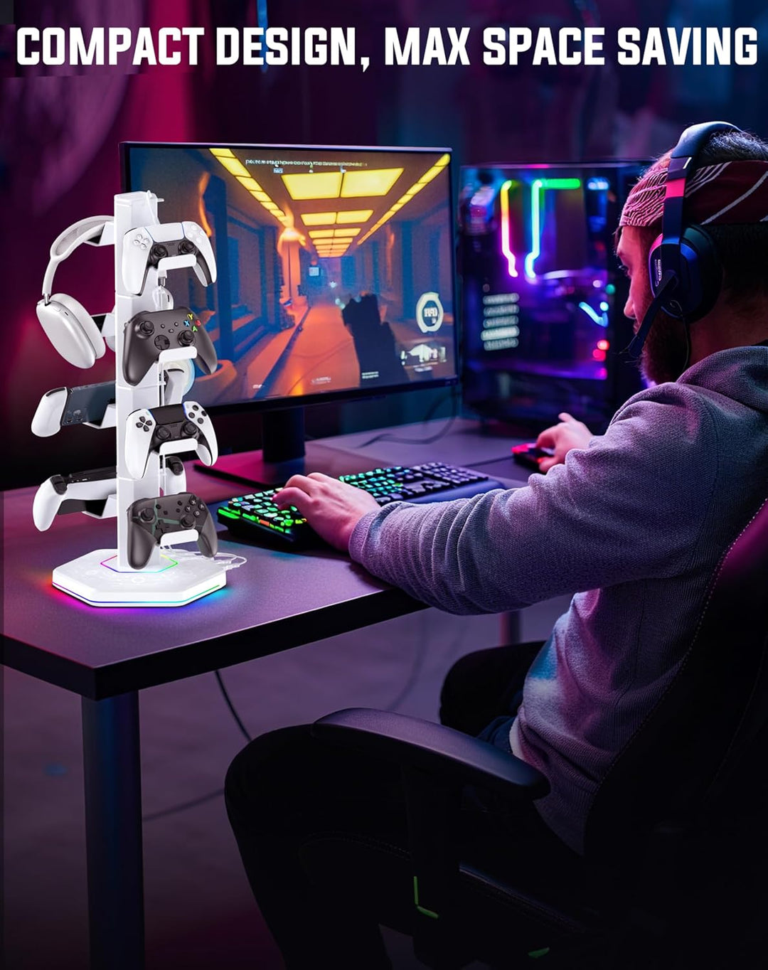 Gaming Controller Ständer mit 9 RGB Lichtmodi, Headset Halterung Tisch mit Abnehmbarer Controller Ha