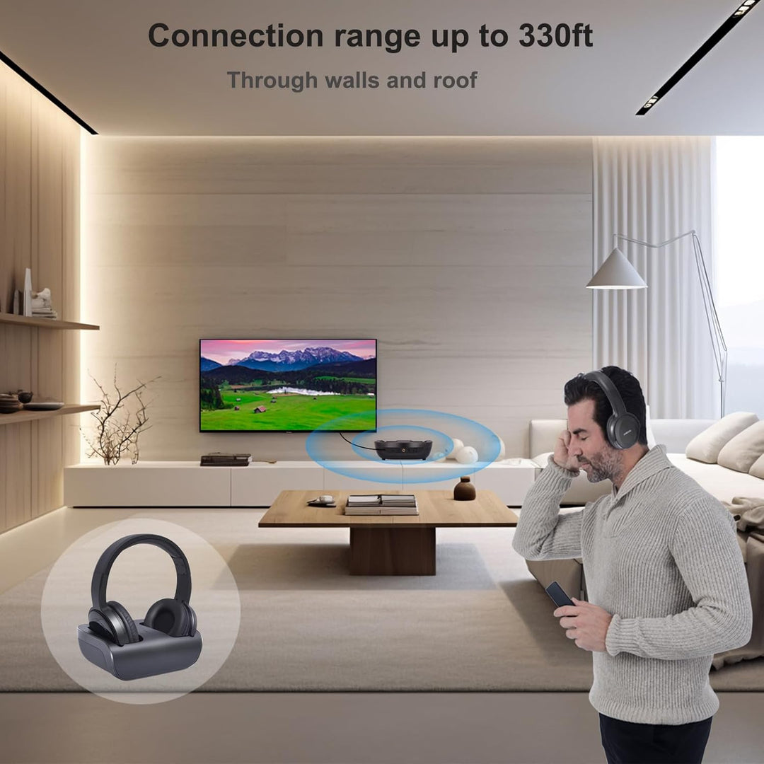 Funkkopfhörer für Fernseher, On-Ear Kabelloser TV Kopfhörer mit RF Sender Ladestation mit Reichweite