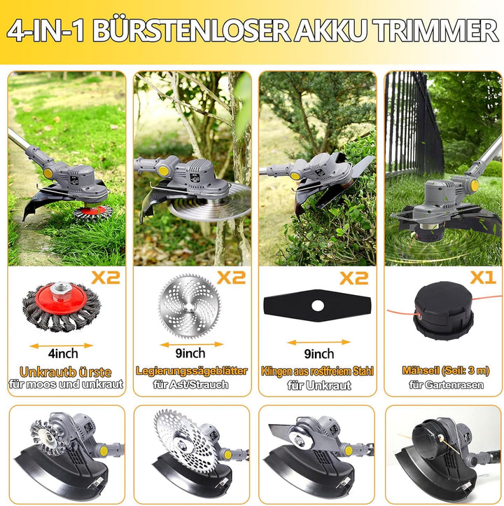 Akku Rasentrimmer mit Akku und Unkrautbürste, Rasentrimmer mit Akku mit 4 Klingentypen, 750W Bürsten