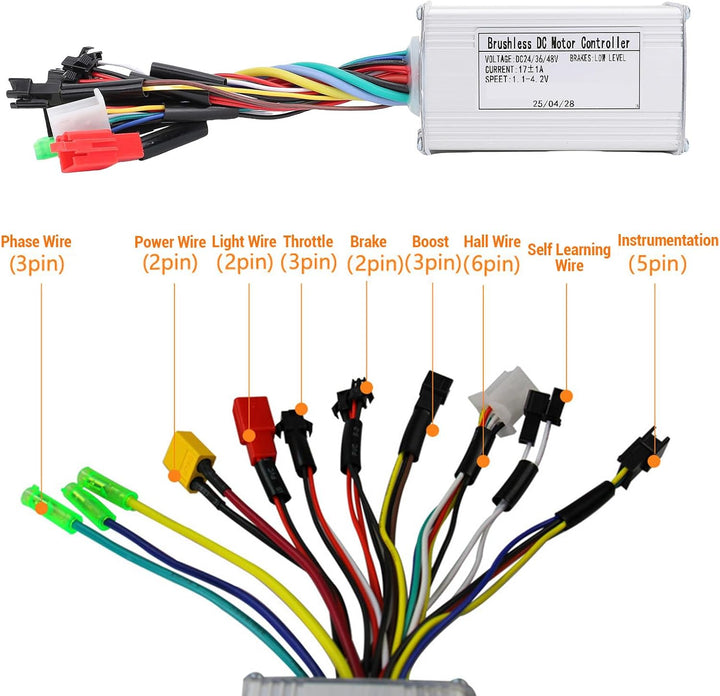 BuyWeek Elektrofahrrad Brushless Motor Controller Kit, 36V 48V 250W 350W 17A 3 Modus Sinuswellen Mot