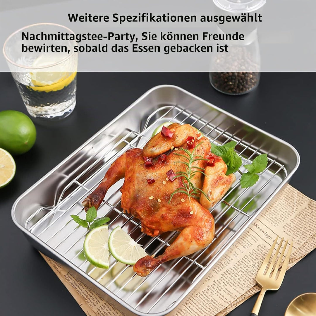 Bräter mit Rost aus Edelstahl, Rechteckige Ofenform mit Einsatzrost (26,5 x 20,5 cm), für Ofen, Gril