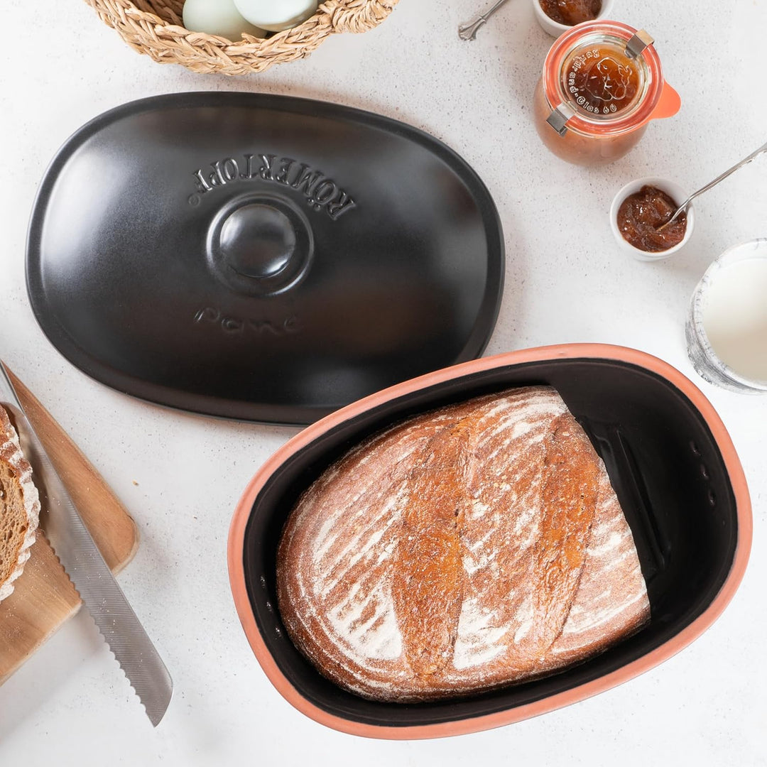 Römertopf Brottopf oval MEDI 2,3 Liter - Brotkasten Schwarz aus Keramik - Atmungsaktiver Tontopf für
