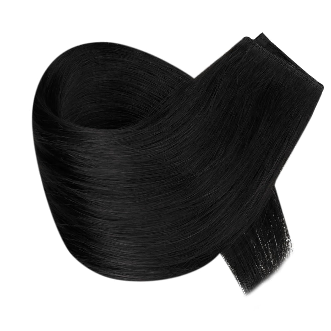 RUNATURE Adjustable Draht Hair Extensions Echthaar Fish Line Hair Extensions Farbe Pech Schwarz 80g