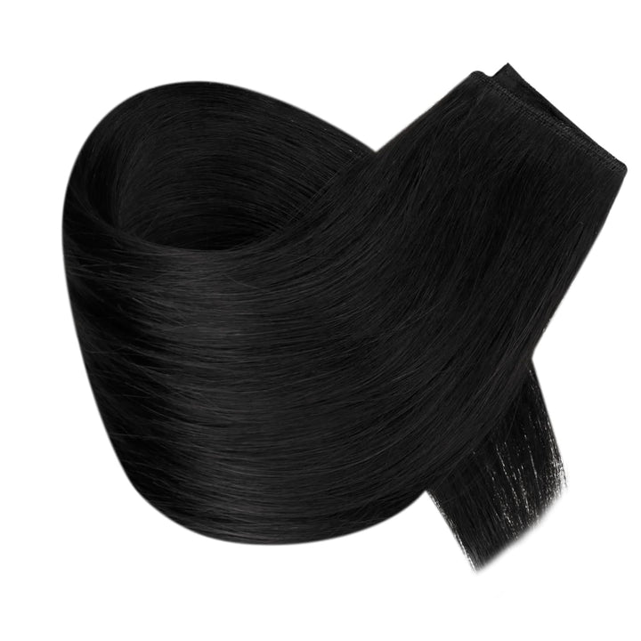 RUNATURE Adjustable Draht Hair Extensions Echthaar Fish Line Hair Extensions Farbe Pech Schwarz 80g