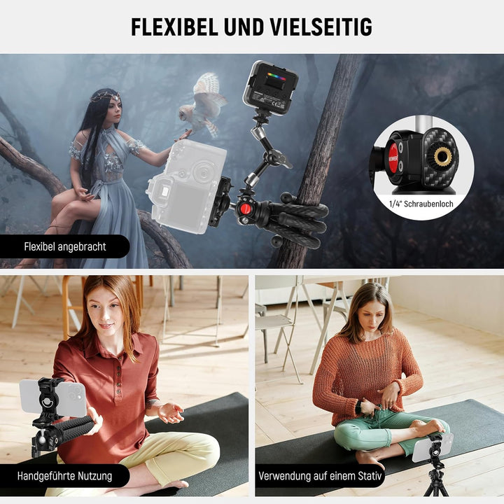 NEEWER Flexibles Handy Stativ, Kleiner Mini Tischständer für Kamera mit verstecktem Telefonhalter Ac
