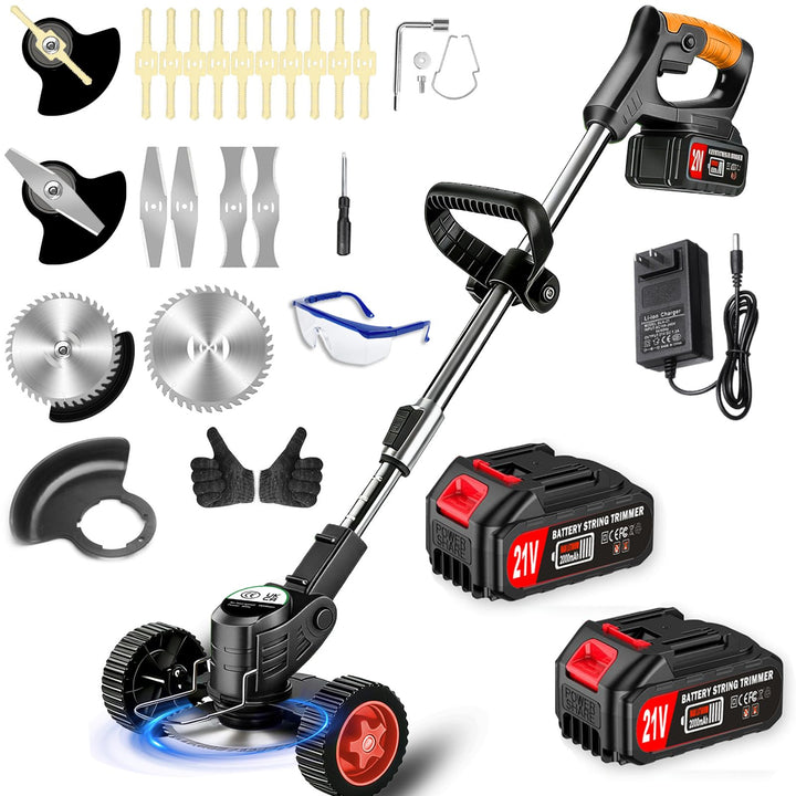 Akku-Rasentrimmer 21V Elektrischer Rasentrimmer - Motorsense akku Mit 2x2000mAh Batterie und 4 Messe