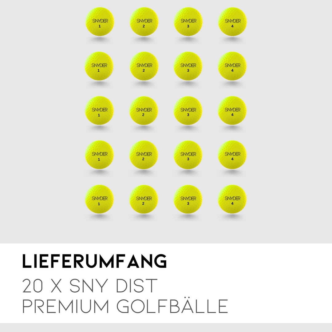SNYDER - SNY DIST Premium Golfbälle | 20 Stück im Ballnetz | Ideal für: Maximale Ballgeschwindigkeit