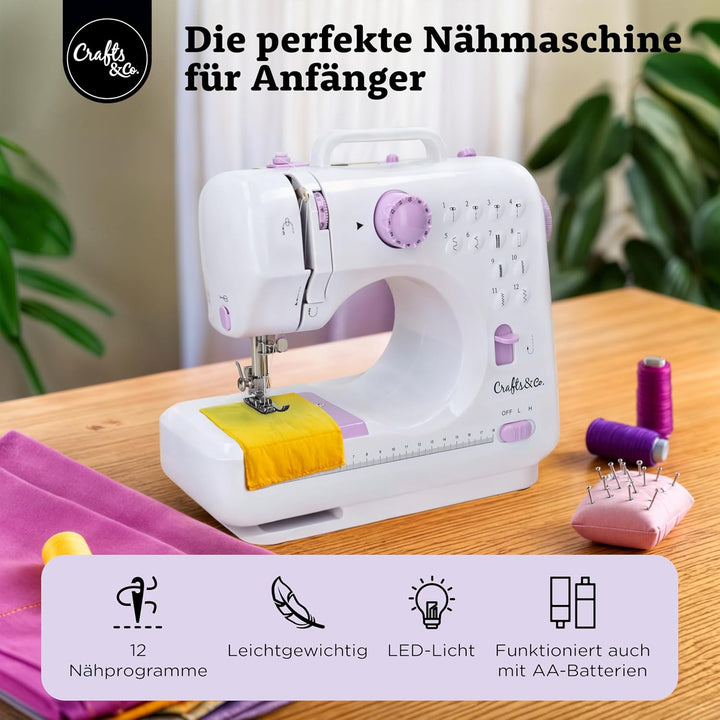Crafts&Co® Nähmaschine für Anfänger mit Eingebautem LED-Licht und Fusspedal | 12 Stiche | Mini Nähma