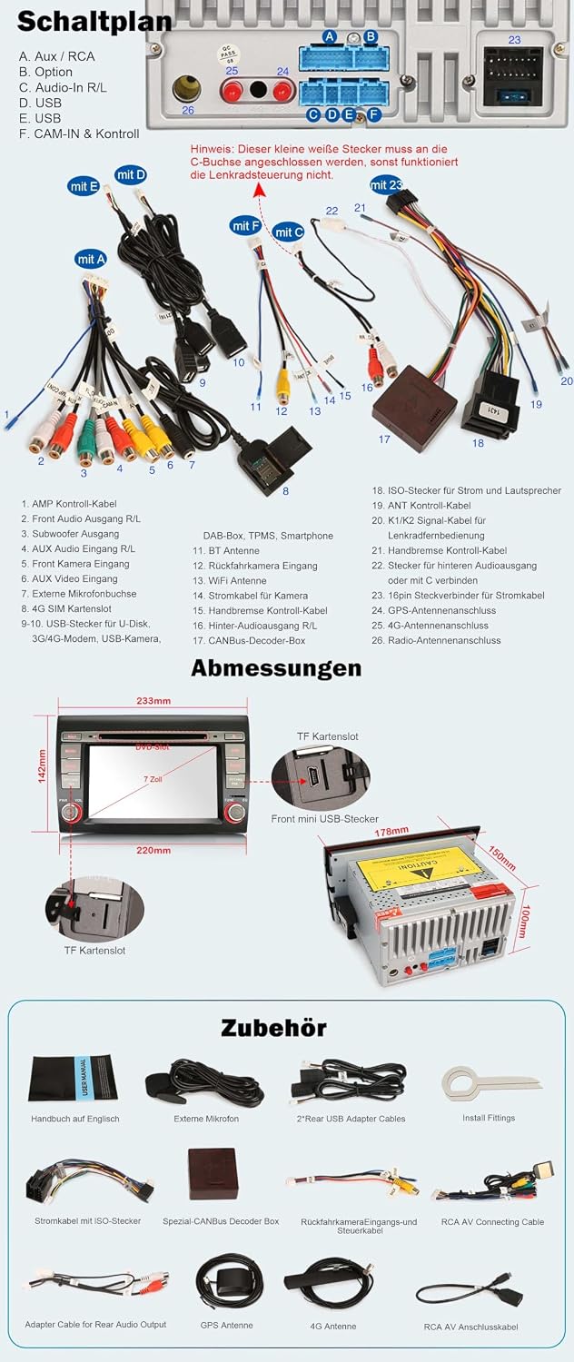 Erisin 8-Kern 4GB+64GB Android 14 Autoradio GPS Navi für FIAT BRAVO 7 Zoll DVD Player Touchscreen Un