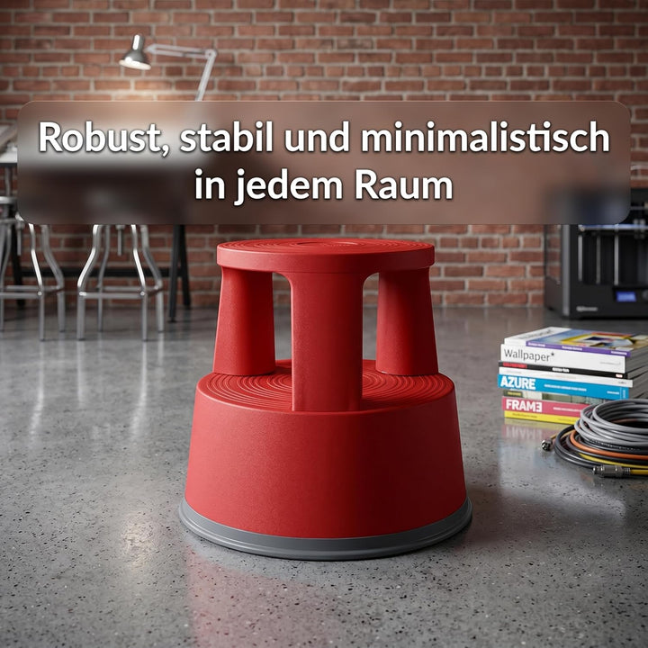 Office Marshal Rollhocker Kunststoff Elefantenfuss rot, Rutschfester Tritthocker mit Rollen, mobiler