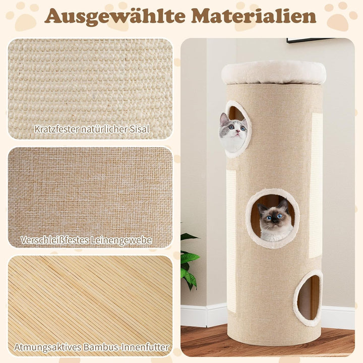 COSTWAY Kratztonne 4 Ebenen, 113 cm hoch, Katzentonne mit 3 Höhlen, 2 Sisal-Kratzbrettern, Plüschbet