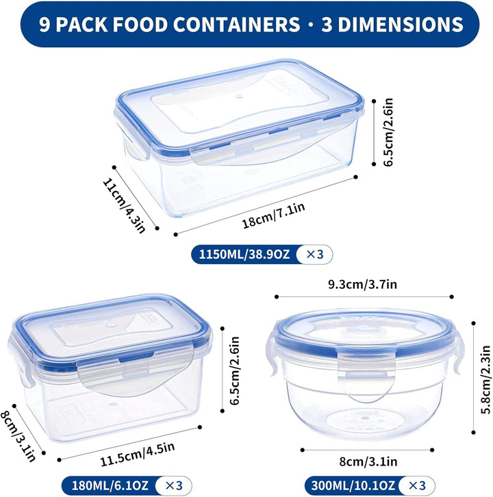EASYLOCK 9PACK Plastik Frischhaltedosen Mit Deckel (1150ML*3+300ML*3+180ML*3), Aufbewahrungsbox mit