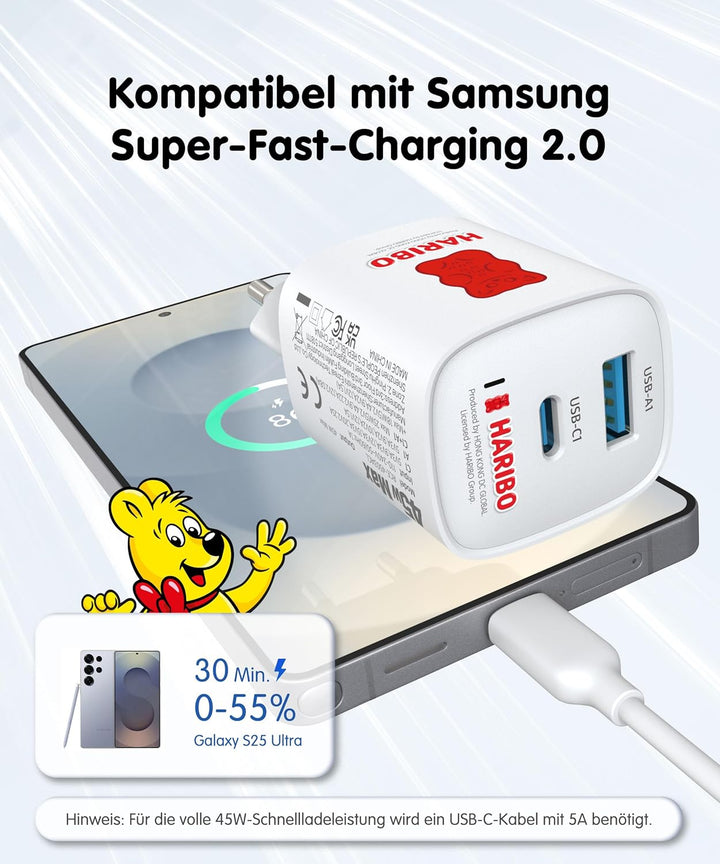 Haribo 45W USB C Ladegerät, 2-Port Schnellladegerät PPS USBC Netzteil GaN Charger für Samsung Galaxy