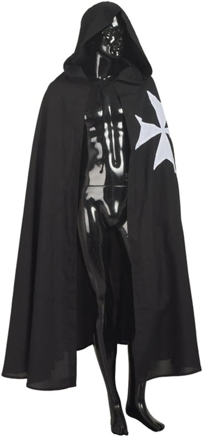 BLESSUME Mittelalter Ritter Kostüm Hospitaller Karneval LARP Cospaly, Schwarz Cloak mit Weisses Kreu