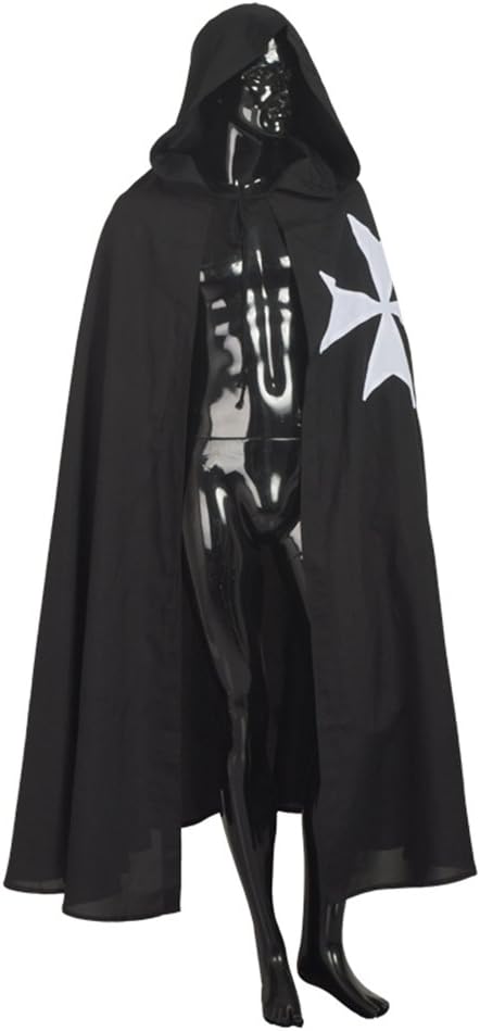 BLESSUME Mittelalter Ritter Kostüm Hospitaller Karneval LARP Cospaly, Schwarz Cloak mit Weisses Kreu