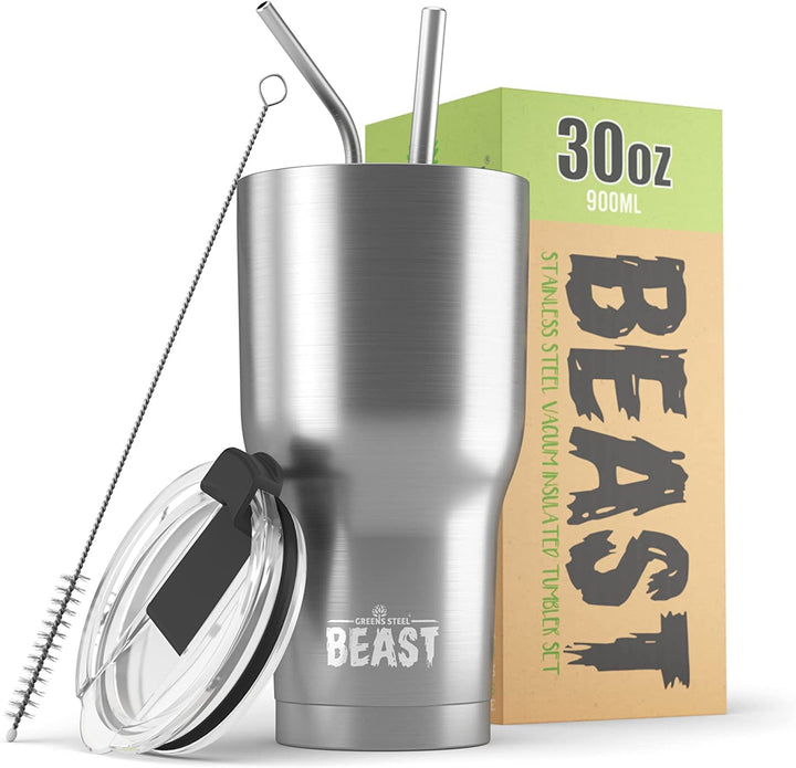 Beast Thermobecher 900 ml - Silber I Mehrweg Thermo Kaffeebecher To Go mit 2 Strohhalmen & Reinigung