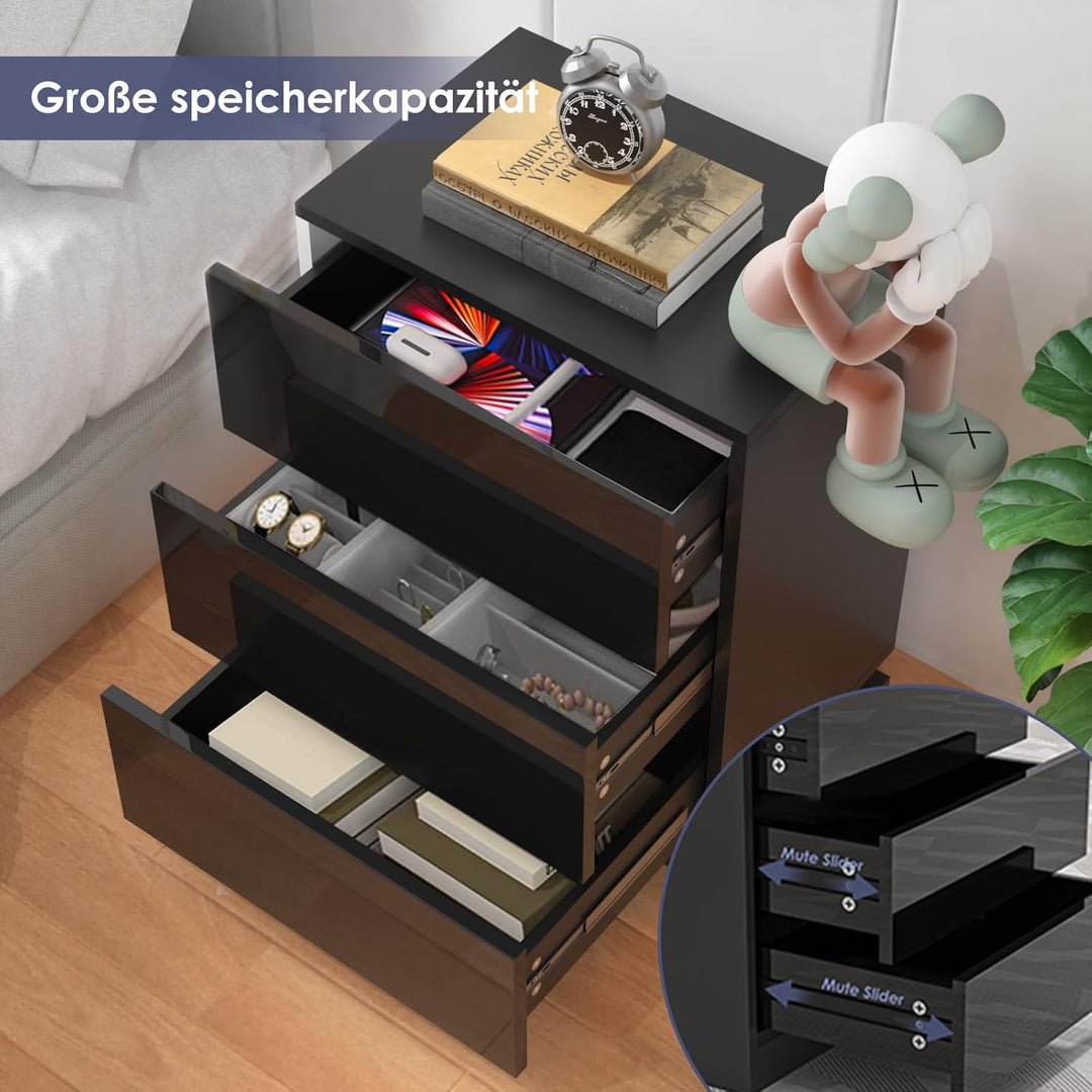 Lvhecforhm 2er Set Nachttisch Schwarz, Nachttische Hochglanz Front, Nachttisch Schwarz mit 3 Schubla