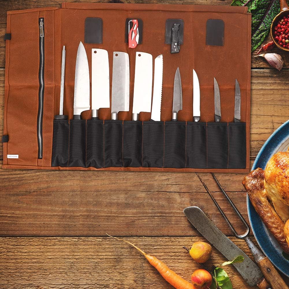 QEES Chef Messer Rolle Tasche 16 Oz gewachste Canvas wasserdichte Reissverschluss Werkzeugtasche 15