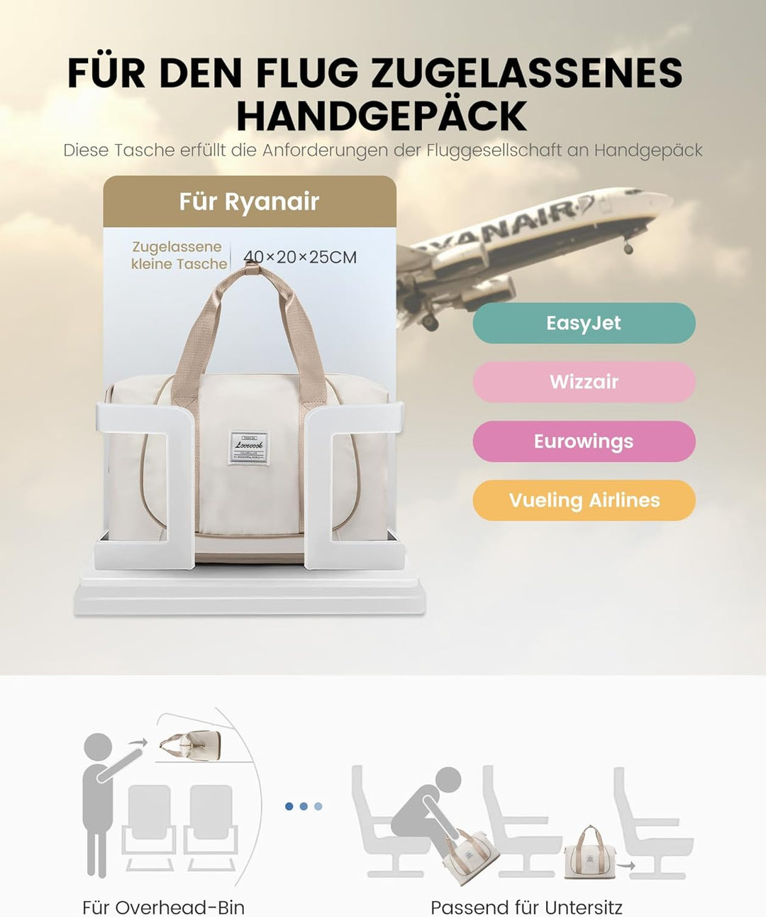 LOVEVOOK Ryanair Handgepäck 40x30x20, Erweiterbare Handgepäck Tasche für Flugzeug, Faltbare Kleine R