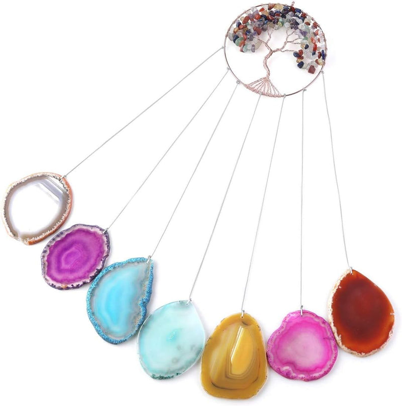 Mogokoyo 7 Chakra Windspiel aus natürlich Achat Scheiben Lebensbaum Kristall zum Aufhängen Windspiel