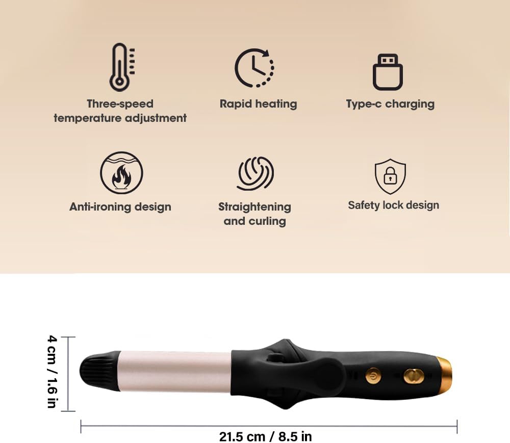 Kabelloser Lockenstab, 21,5 mm Reise Mini Hair Curler, USB Wiederaufladbar Lockenstab mit 3 Einstell