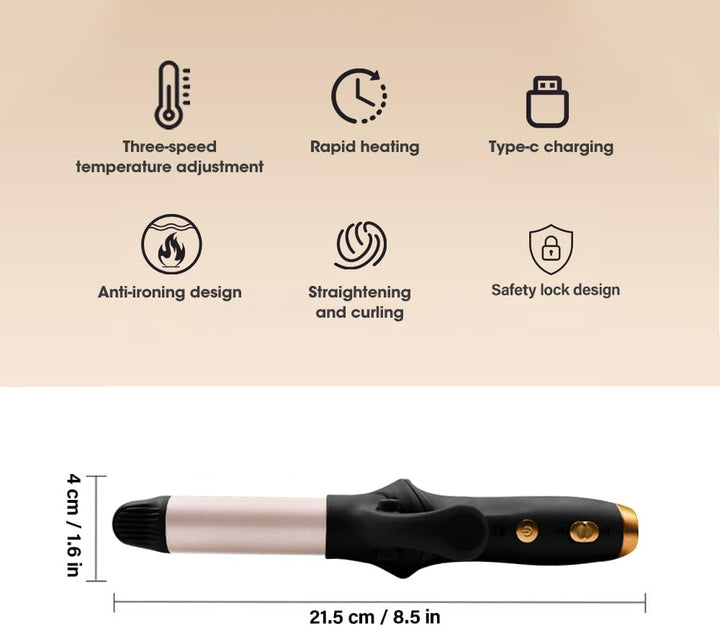 Kabelloser Lockenstab, 21,5 mm Reise Mini Hair Curler, USB Wiederaufladbar Lockenstab mit 3 Einstell