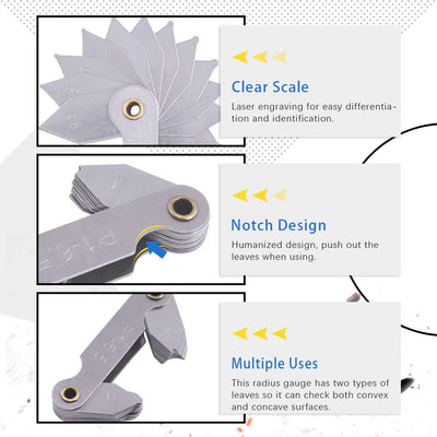 Glarks 4 Pack R0.3-1.5/ R1-6.5/ R7-14.5/ R15-25 Radius Gauge Set, Stainless Steel Radius Fillet Gage