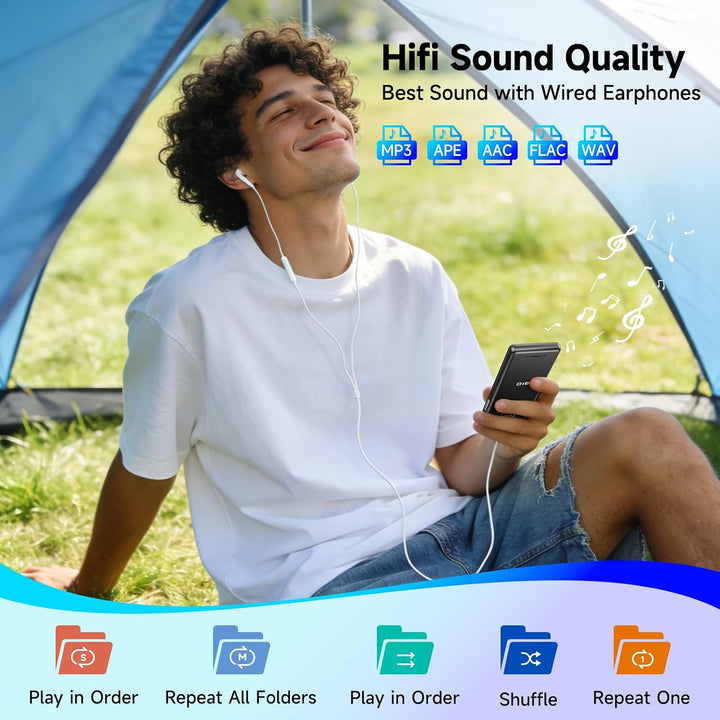 MP3 Player mit Bluetooth 5.3, 64GB und 2,4" Display – Mit Touch-Tasten, Lautsprecher, Metallgehäuse,