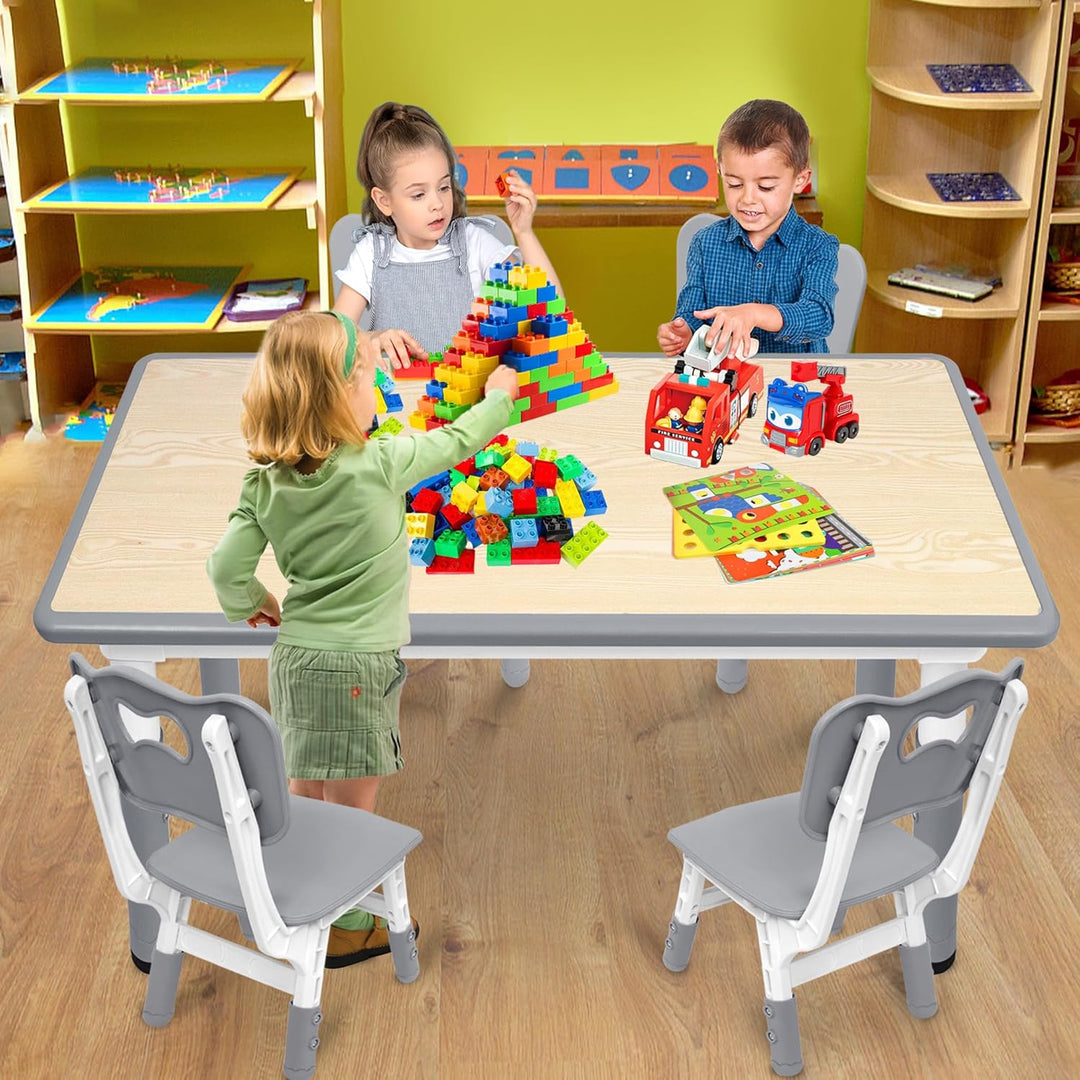 XMTECH Kindertisch 120x60 cm mit 4 Stühlen, höhenverstellbar, Grau 120x60 Grau, 120x60 Grau